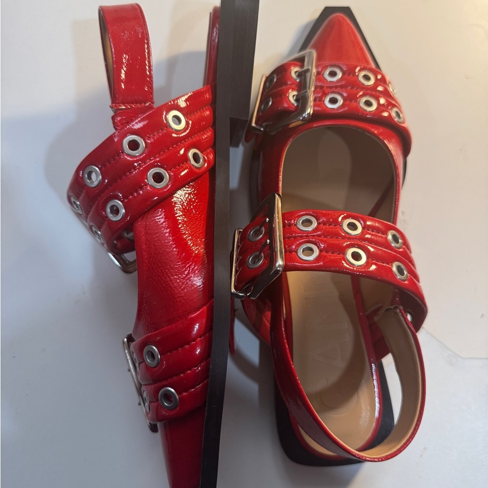 New Ganni Red Buckle Ballerinas